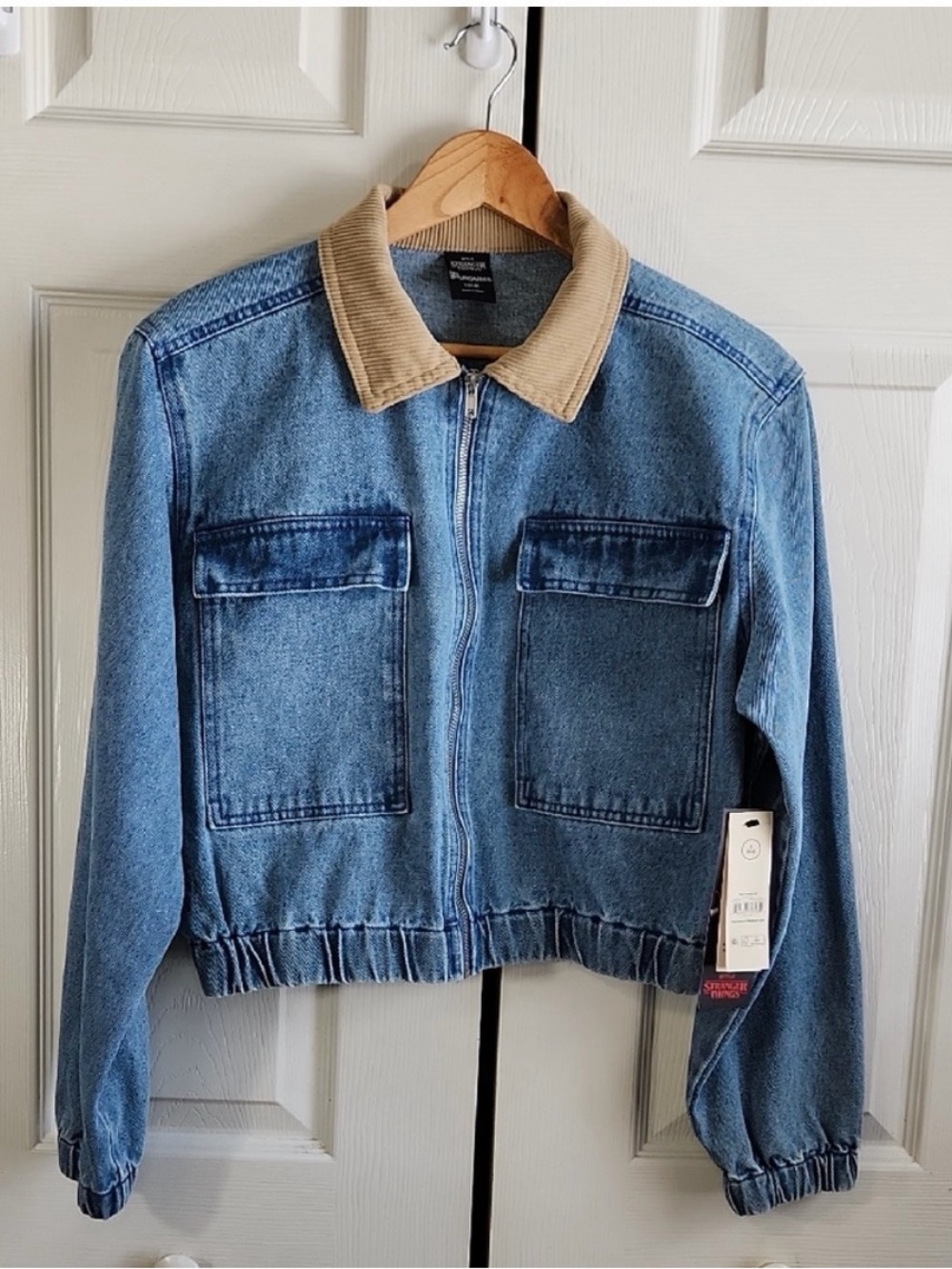 Stranger Things Denim Zip-Front Jacket with Tan Corduroy Collar, Size L